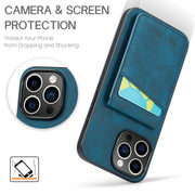 For iPhone 16 Pro Fierre Shann Crazy Horse Card Holder Back Cover PU Phone Case(Blue)