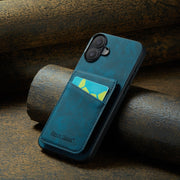For iPhone 16 Plus Fierre Shann Crazy Horse Card Holder Back Cover PU Phone Case(Blue)