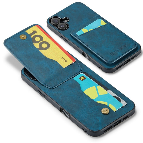 For iPhone 16 Plus Fierre Shann Crazy Horse Card Holder Back Cover PU Phone Case(Blue)