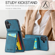For iPhone 16 Plus Fierre Shann Crazy Horse Card Holder Back Cover PU Phone Case(Blue)