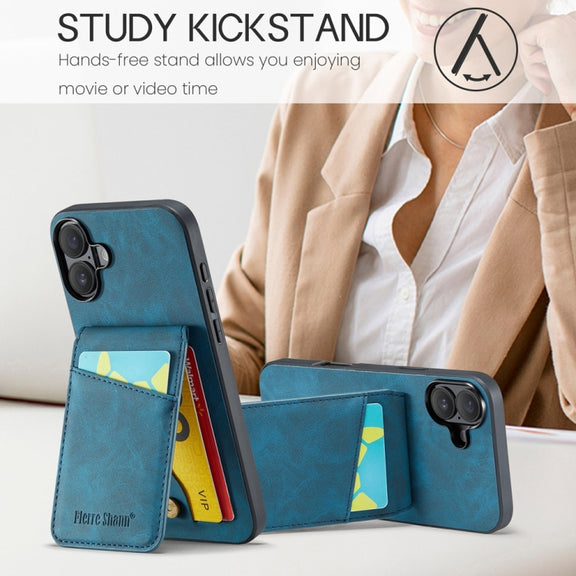 For iPhone 16 Plus Fierre Shann Crazy Horse Card Holder Back Cover PU Phone Case(Blue)