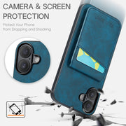 For iPhone 16 Plus Fierre Shann Crazy Horse Card Holder Back Cover PU Phone Case(Blue)