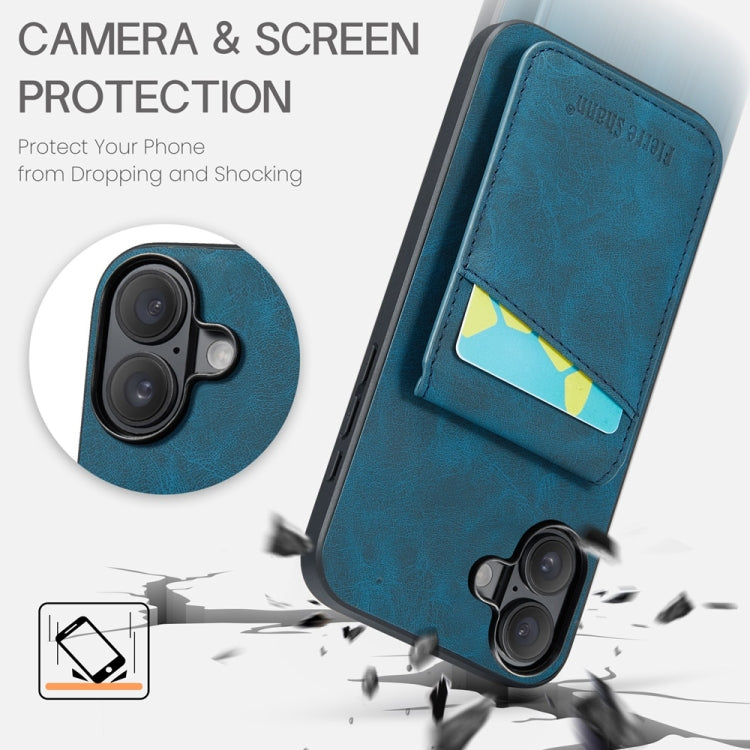 For iPhone 16 Plus Fierre Shann Crazy Horse Card Holder Back Cover PU Phone Case(Blue)