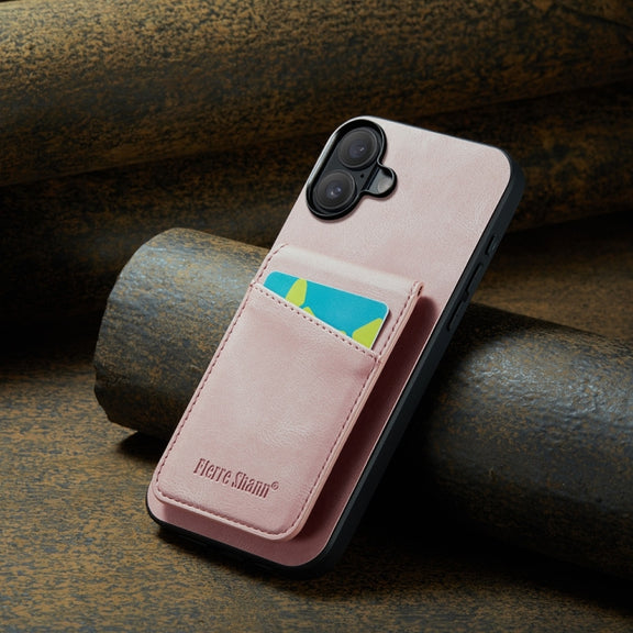 For iPhone 16 Fierre Shann Crazy Horse Card Holder Back Cover PU Phone Case(Pink)