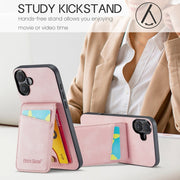 For iPhone 16 Fierre Shann Crazy Horse Card Holder Back Cover PU Phone Case(Pink)