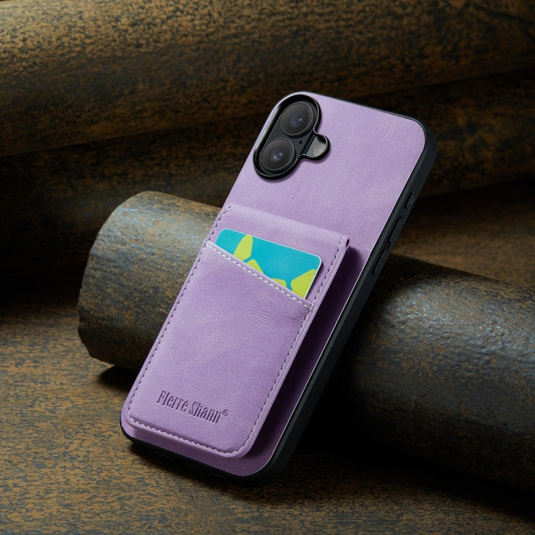 For iPhone 16 Fierre Shann Crazy Horse Card Holder Back Cover PU Phone Case(Purple)