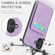 For iPhone 16 Fierre Shann Crazy Horse Card Holder Back Cover PU Phone Case(Purple)