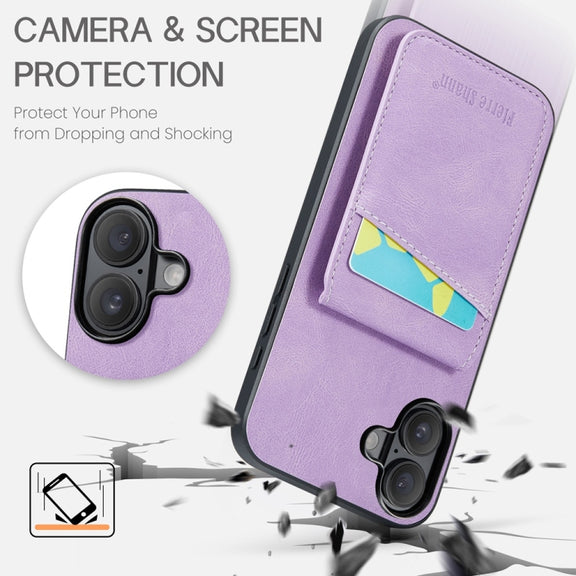 For iPhone 16 Fierre Shann Crazy Horse Card Holder Back Cover PU Phone Case(Purple)