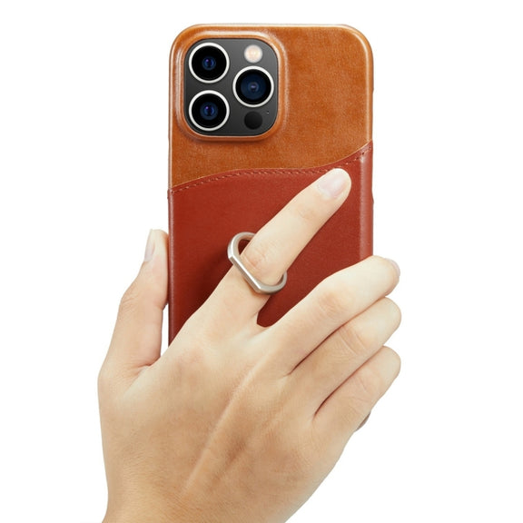 For iPhone 15 Pro Max Fierre Shann Oil Wax Texture Genuine Leather Back Cover Phone Case(Brown)