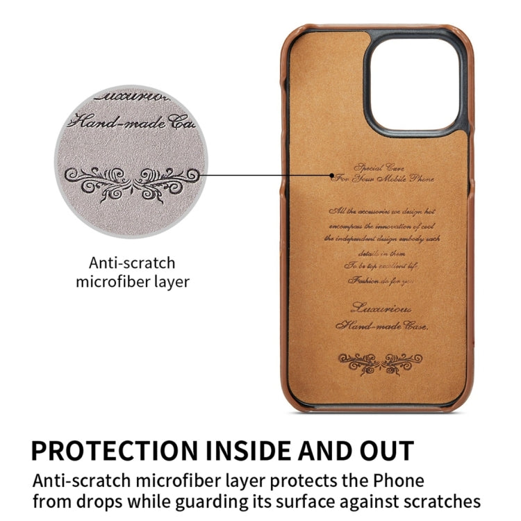 For iPhone 15 Pro Max Fierre Shann Oil Wax Texture Genuine Leather Back Cover Phone Case(Brown)