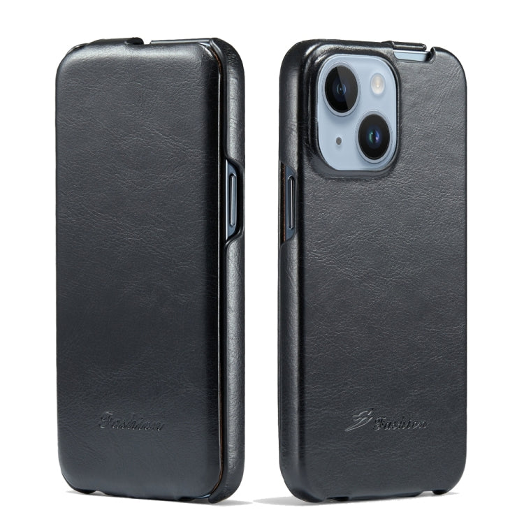 For iPhone 15 Fierre Shann Oil Wax Texture Vertical Flip PU Phone Case(Black) - iPhone 15 Cases by FIERRE SHANN | Online Shopping South Africa | PMC TechLife | Buy Now Pay Later Mobicred