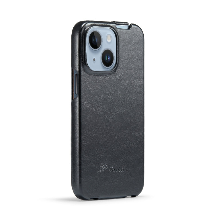 For iPhone 15 Fierre Shann Oil Wax Texture Vertical Flip PU Phone Case(Black) - iPhone 15 Cases by FIERRE SHANN | Online Shopping South Africa | PMC TechLife | Buy Now Pay Later Mobicred