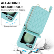 For Samsung Galaxy Z Flip5 Rhombic Texture Card Bag Phone Case with Dual Lanyard(Green)