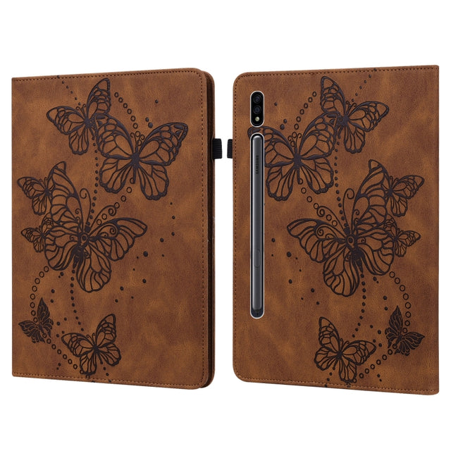 For Samsung Galaxy Tab S9 Embossed Butterfly Pattern Leather Tablet Case(Brown)