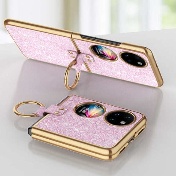 For Huawei P50 Pocket Plating Gradient Color Glitter Phone Case With Ring Holder(Black)