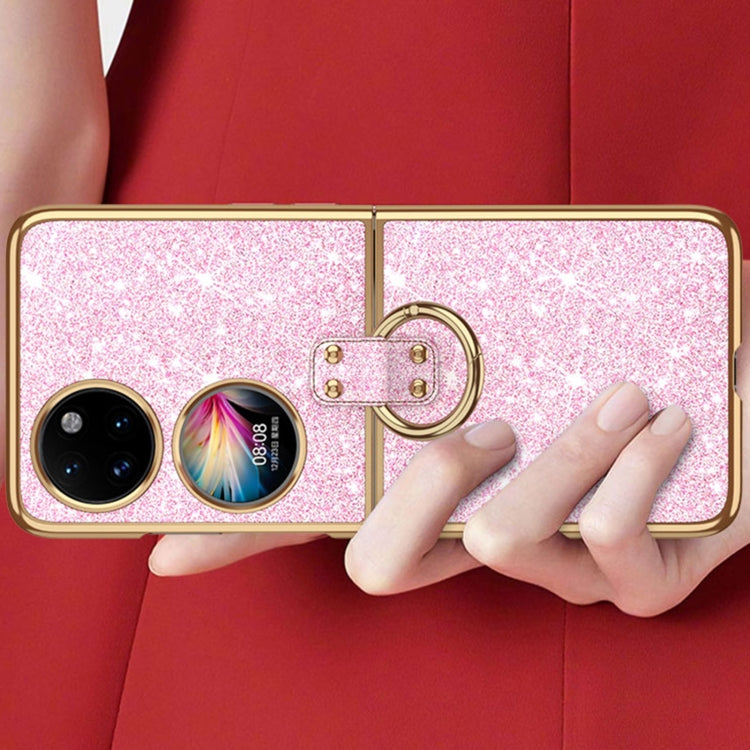 For Huawei P50 Pocket Plating Gradient Color Glitter Phone Case With Ring Holder(Black)