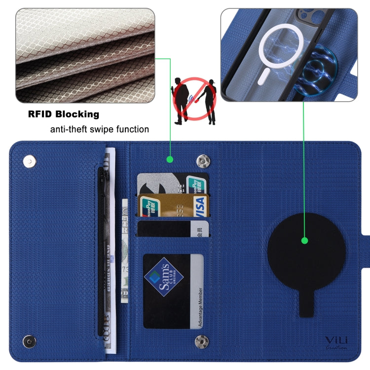 For iPhone 14 ViLi GHB Series MagSafe Magnetic Zipper Leather Phone Case(Blue) - free shipping - PMC Jewellery - Order now!