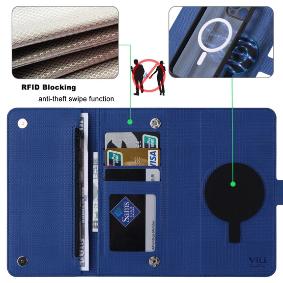 For iPhone 15 Pro Max ViLi GHB Series MagSafe Magnetic Zipper Leather Phone Case(Blue)