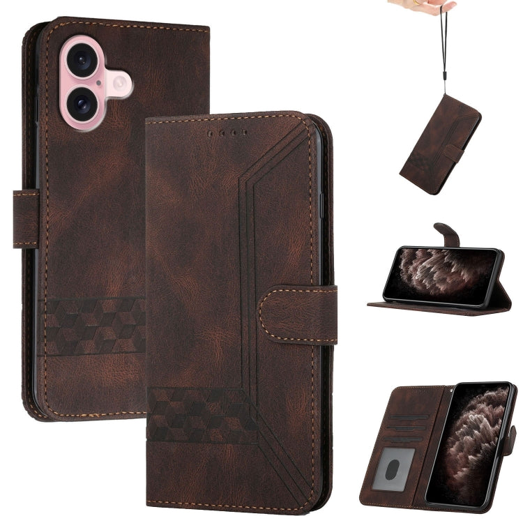 For iPhone 16 Cubic Skin Feel Flip Leather Phone Case(Brown) - iPhone 16 Cases by PMC TechLife | Online Shopping South Africa | PMC TechLife | Buy Now Pay Later Mobicred