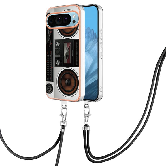 For Google Pixel 9 / 9 Pro Electroplating Dual-side IMD Phone Case with Lanyard(Retro Radio)