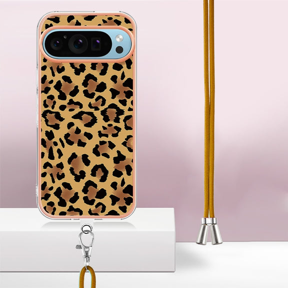 For Google Pixel 9 Pro XL Electroplating Dual-side IMD Phone Case with Lanyard(Leopard Print)