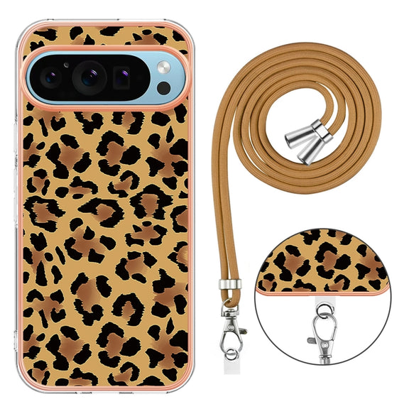 For Google Pixel 9 Pro XL Electroplating Dual-side IMD Phone Case with Lanyard(Leopard Print)