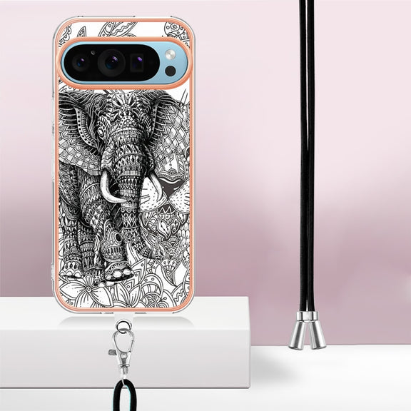 For Google Pixel 9 Pro XL Electroplating Dual-side IMD Phone Case with Lanyard(Totem Elephant)