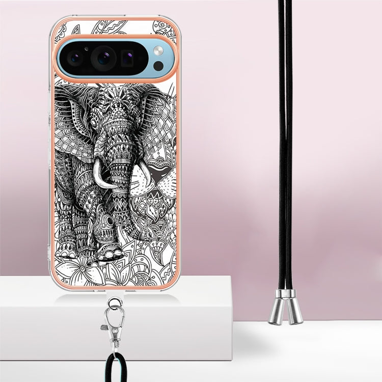 For Google Pixel 9 Pro XL Electroplating Dual-side IMD Phone Case with Lanyard(Totem Elephant)