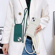 For iPhone 15 Plus Crossbody Lanyard Elastic Silicone Card Holder Phone Case(Dark Green)