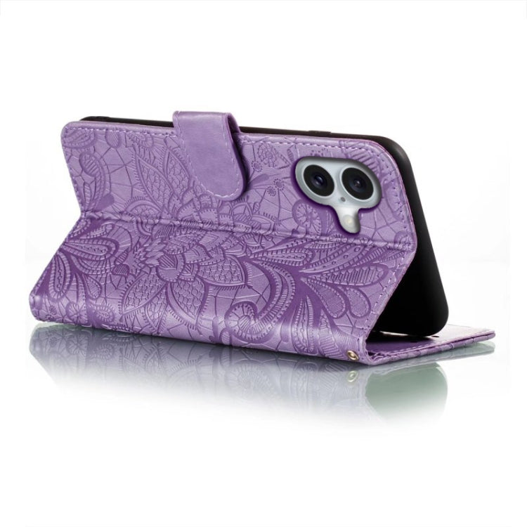 For iPhone 16 Lace Flower Embossing Flip Leather Phone Case(Purple) - free shipping - PMC TechLife - Order now!