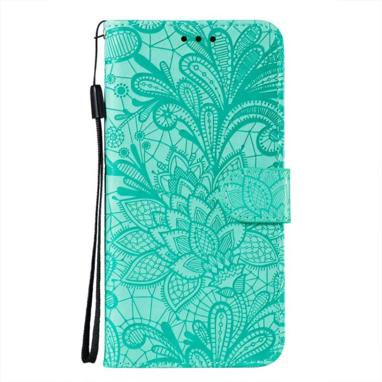 For iPhone 16 Plus Lace Flower Embossing Flip Leather Phone Case(Green)