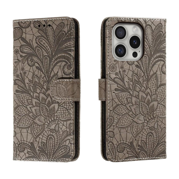 For iPhone 16 Pro Lace Flower Embossing Flip Leather Phone Case(Grey) - iPhone 16 Pro Cases by PMC TechLife | Online Shopping South Africa | PMC TechLife | Buy Now Pay Later Mobicred