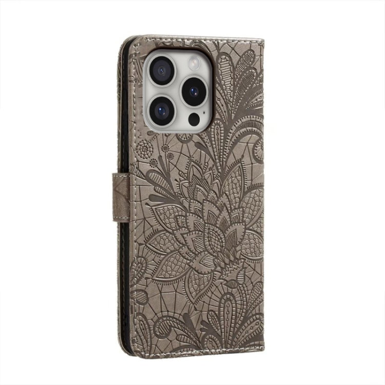 For iPhone 16 Pro Lace Flower Embossing Flip Leather Phone Case(Grey) - iPhone 16 Pro Cases by PMC TechLife | Online Shopping South Africa | PMC TechLife | Buy Now Pay Later Mobicred