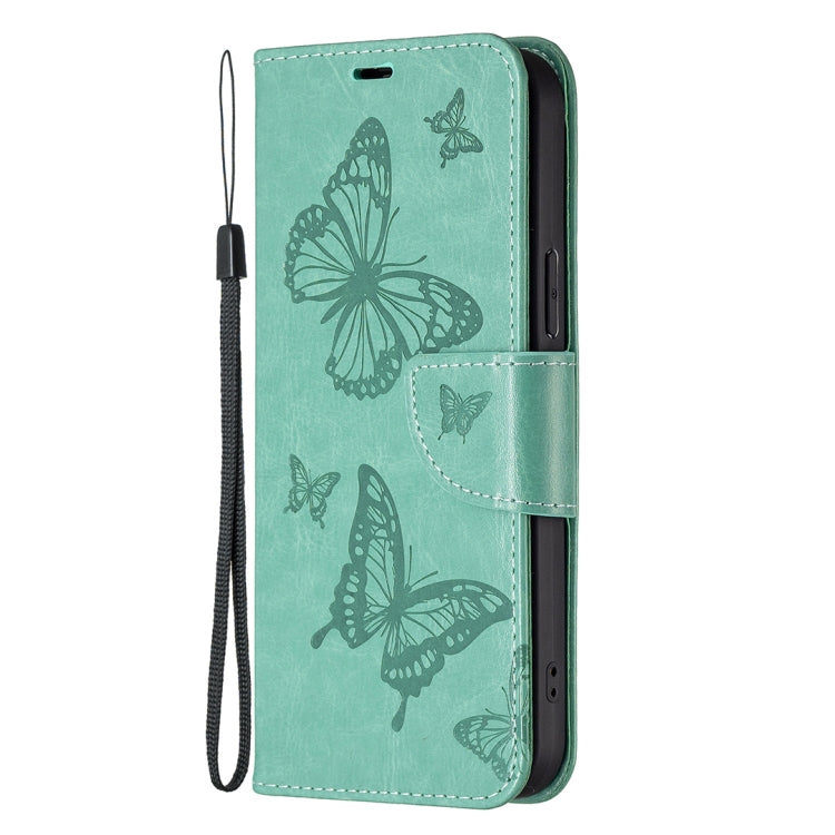 For Motorola Moto G14 4G Embossing Two Butterflies Pattern Leather Phone Case(Green) - Motorola Cases by PMC TechLife | Online Shopping South Africa | PMC TechLife | Buy Now Pay Later Mobicred
