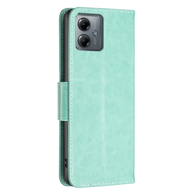 For Motorola Moto G14 4G Embossing Two Butterflies Pattern Leather Phone Case(Green) - Motorola Cases by PMC TechLife | Online Shopping South Africa | PMC TechLife | Buy Now Pay Later Mobicred