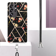 For Samsung Galaxy S25 Ultra 5G Electroplating Splicing Marble Flower IMD TPU Phone Case with Lanyard(Black Flower)