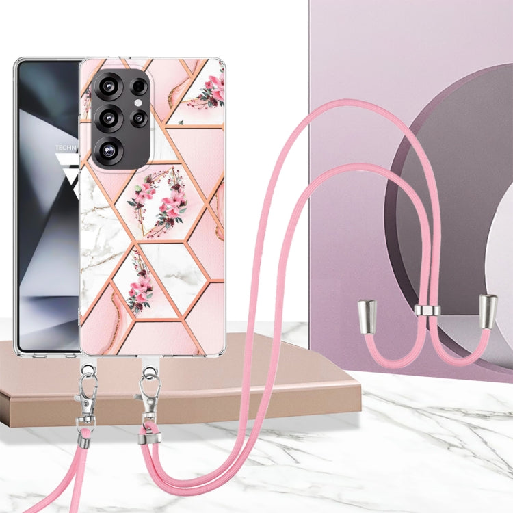 For Samsung Galaxy S25 Ultra 5G Electroplating Splicing Marble Flower IMD TPU Phone Case with Lanyard(Pink Flower) - Galaxy S25 Ultra 5G Cases by PMC Jewellery | Online Shopping South Africa | PMC Jewellery | Buy Now Pay Later Mobicred