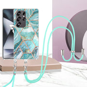 For Samsung Galaxy S25 Ultra 5G Electroplating IMD Splicing Dual-side Marble TPU Phone Case with Lanyard(Blue)