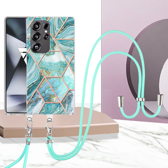 For Samsung Galaxy S25 Ultra 5G Electroplating IMD Splicing Dual-side Marble TPU Phone Case with Lanyard(Blue)