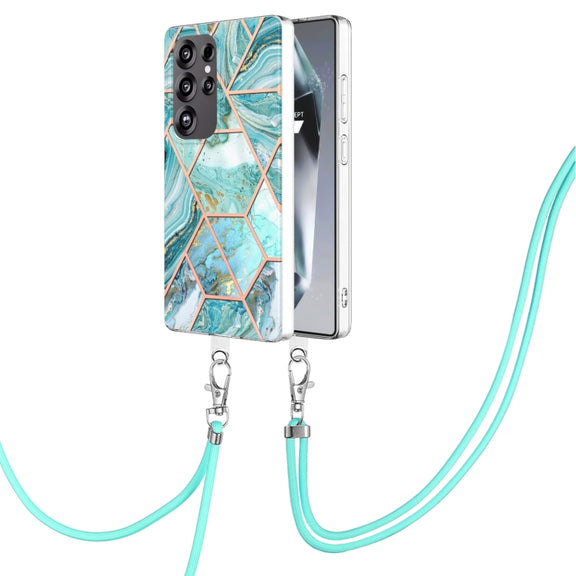 For Samsung Galaxy S25 Ultra 5G Electroplating IMD Splicing Dual-side Marble TPU Phone Case with Lanyard(Blue)