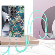 For Samsung Galaxy S25 Ultra 5G Electroplating IMD Splicing Dual-side Marble TPU Phone Case with Lanyard(Blue Green)