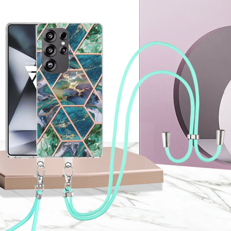 For Samsung Galaxy S25 Ultra 5G Electroplating IMD Splicing Dual-side Marble TPU Phone Case with Lanyard(Blue Green)