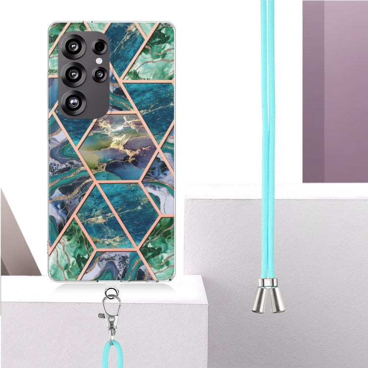For Samsung Galaxy S25 Ultra 5G Electroplating IMD Splicing Dual-side Marble TPU Phone Case with Lanyard(Blue Green) - Galaxy S25 Ultra 5G Cases by PMC TechLife | Online Shopping South Africa | PMC TechLife | Buy Now Pay Later Mobicred