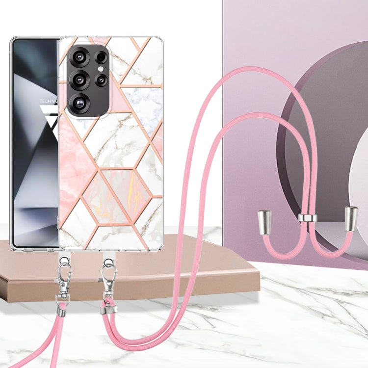 For Samsung Galaxy S25 Ultra 5G Electroplating IMD Splicing Dual-side Marble TPU Phone Case with Lanyard(Pink White) - free shipping - PMC TechLife - Order now!