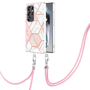 For Samsung Galaxy S25 Ultra 5G Electroplating IMD Splicing Dual-side Marble TPU Phone Case with Lanyard(Pink White)