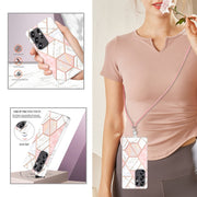 For Samsung Galaxy S25 Ultra 5G Electroplating IMD Splicing Dual-side Marble TPU Phone Case with Lanyard(Pink White)