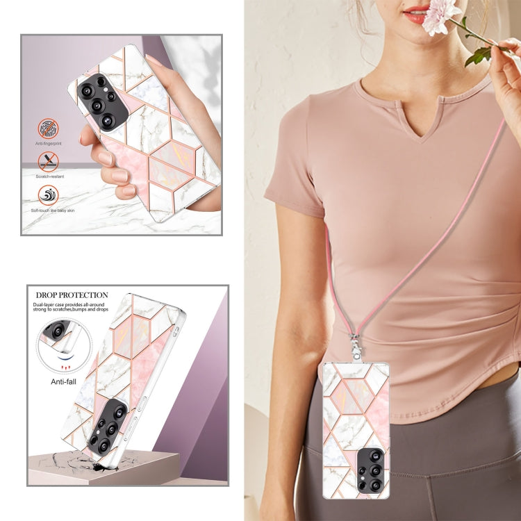 For Samsung Galaxy S25 Ultra 5G Electroplating IMD Splicing Dual-side Marble TPU Phone Case with Lanyard(Pink White)