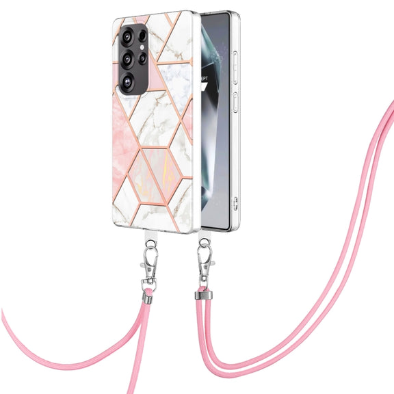 For Samsung Galaxy S25 Ultra 5G Electroplating IMD Splicing Dual-side Marble TPU Phone Case with Lanyard(Pink White)