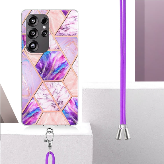For Samsung Galaxy S25 Ultra 5G Electroplating IMD Splicing Dual-side Marble TPU Phone Case with Lanyard(Light Purple)