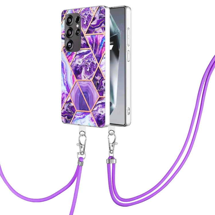 For Samsung Galaxy S25 Ultra 5G Electroplating IMD Splicing Dual-side Marble TPU Phone Case with Lanyard(Dark Purple) - Galaxy S25 Ultra 5G Cases by PMC TechLife | Online Shopping South Africa | PMC TechLife | Buy Now Pay Later Mobicred